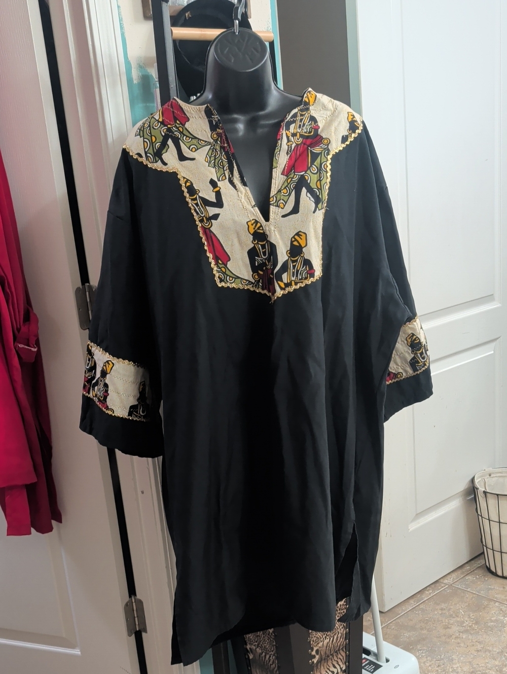 Embroidered Black Men's Tunic Shirt with Patterned Trim